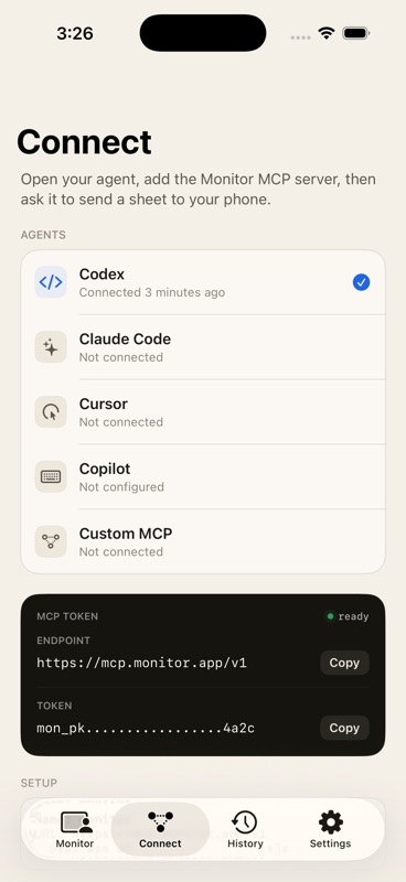 Monitor connect screen for wiring up a coding agent over MCP