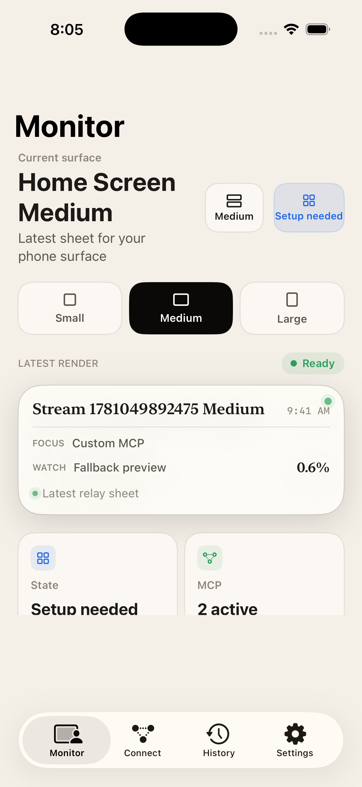 The Monitor app showing your agent's latest sheet, ready for the Home Screen widget